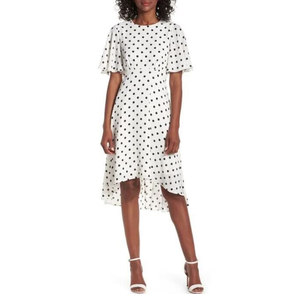 Eliza J Women's Dot High/Low Fit & Flare Dress White Black Polka Dot Size 2 $128